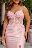 Pink Mermaid Spaghetti Straps Corset Floral Plus Size Prom Dress with Slit