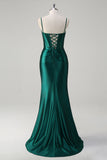 Sparkly Dark Green Corset Mermaid Beaded Long Satin Formal Dress with Slit