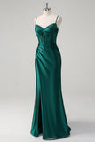 Sparkly Dark Green Mermaid Corset Beaded Long Formal Dress with Slit