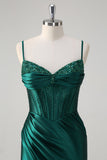 Sparkly Dark Green Mermaid Corset Beaded Long Formal Dress with Slit