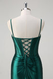 Sparkly Dark Green Mermaid Corset Beaded Long Formal Dress with Slit