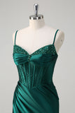 Sparkly Dark Green Mermaid Corset Beaded Long Formal Dress with Slit