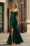Sparkly Dark Green Corset Mermaid Beaded Long Satin Formal Dress with Slit