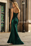Sparkly Dark Green Corset Mermaid Beaded Long Satin Formal Dress with Slit