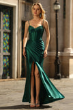 Sparkly Dark Green Corset Mermaid Beaded Long Satin Formal Dress with Slit