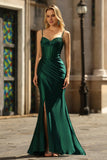 Sparkly Dark Green Corset Mermaid Beaded Long Satin Formal Dress with Slit