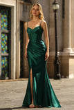 Sparkly Dark Green Corset Mermaid Beaded Long Satin Formal Dress with Slit