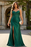 Sparkly Dark Green Mermaid Corset Beaded Long Formal Dress with Slit