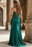 Sparkly Dark Green Mermaid Corset Beaded Long Formal Dress with Slit
