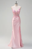 Sparkly Sequins Light Pink Mermaid Ruched Corset Formal Dress with Slit