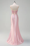 Sparkly Sequins Light Pink Mermaid Ruched Corset Formal Dress with Slit