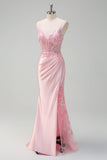 Sparkly Sequins Light Pink Mermaid Ruched Corset Formal Dress with Slit