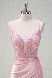 Sparkly Sequins Light Pink Mermaid Ruched Corset Formal Dress with Slit