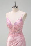 Sparkly Sequins Light Pink Mermaid Ruched Corset Formal Dress with Slit