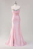 Pink Mermaid Spaghetti Straps Corset Formal Dress with Slit