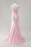 Pink Mermaid Spaghetti Straps Corset Formal Dress with Slit