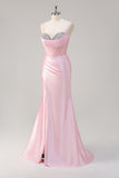 Pink Mermaid Spaghetti Straps Corset Formal Dress with Slit