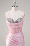 Pink Mermaid Spaghetti Straps Corset Formal Dress with Slit