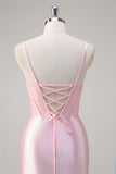 Pink Mermaid Spaghetti Straps Corset Formal Dress with Slit