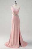 Sparkly Light Pink Mermaid One Shoulder Beaded Satin Long Formal Dress with Slit