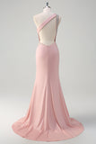 Sparkly Light Pink Mermaid One Shoulder Beaded Satin Long Formal Dress with Slit