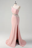 Sparkly Light Pink Mermaid One Shoulder Beaded Satin Long Formal Dress with Slit