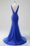 Sparkly Royal Blue Mermaid V Neck Beaded Satin Long Prom Dress