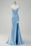 Sparkly Light Blue Mermaid Strapless Corset Sequin Satin Formal Dress with Slit