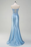 Sparkly Light Blue Mermaid Strapless Corset Sequin Satin Formal Dress with Slit