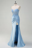 Sparkly Light Blue Mermaid Strapless Corset Sequin Satin Formal Dress with Slit