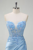 Sparkly Light Blue Mermaid Strapless Corset Sequin Satin Formal Dress with Slit