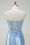 Sparkly Light Blue Mermaid Strapless Corset Sequin Satin Formal Dress with Slit