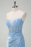 Sparkly Light Blue Mermaid Strapless Corset Sequin Satin Formal Dress with Slit