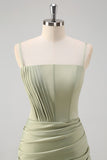 Sage Mermaid Spaghetti Straps Ruched Corset Long Formal Dress with Slit