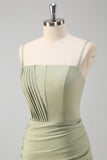 Sage Mermaid Spaghetti Straps Ruched Corset Long Formal Dress with Slit