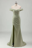 Sage Mermaid Off the Shoulder Ruched Long Bridesmaid Dress with Slit