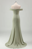 Sage Mermaid Off the Shoulder Ruched Long Bridesmaid Dress with Slit