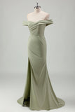 Sage Mermaid Off the Shoulder Ruched Long Bridesmaid Dress with Slit