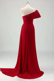 Red Mermaid One Shoulder Satin Long Bridesmaid Dress with Slit