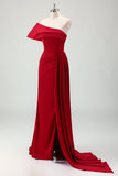 Red Mermaid One Shoulder Satin Long Bridesmaid Dress with Slit