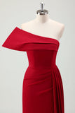 Red Mermaid One Shoulder Satin Long Bridesmaid Dress with Slit