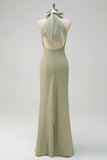 Elegant Sage Halter Mermaid Satin Floor Length Bridesmaid Dress