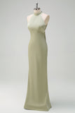 Elegant Sage Halter Mermaid Satin Floor Length Bridesmaid Dress