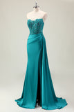 Green Sheath Sweetheart Corset Beaded Long Formal Dress with Appliqued Lace