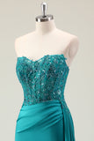 Green Sheath Sweetheart Corset Beaded Long Formal Dress with Appliqued Lace