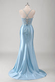 Blue Mermaid Corset Spaghetti Straps Appliqued Long Formal Dress