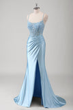 Blue Mermaid Corset Spaghetti Straps Appliqued Long Formal Dress