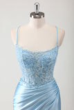 Blue Mermaid Corset Spaghetti Straps Appliqued Long Formal Dress