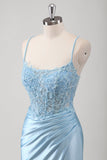 Blue Mermaid Corset Spaghetti Straps Appliqued Long Formal Dress