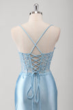 Blue Mermaid Corset Spaghetti Straps Appliqued Long Formal Dress